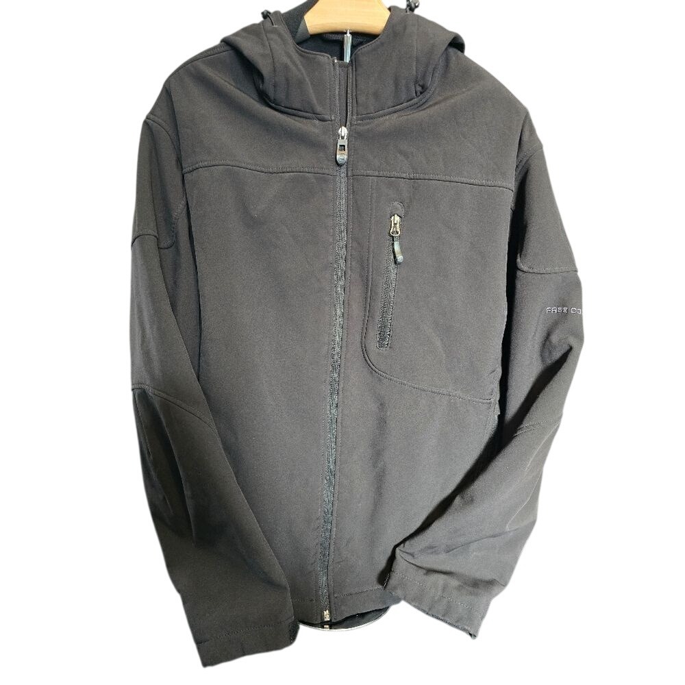 Free Country Mens Softshell Jacket Black Hooded Full‎ Zip Windbreaker Coat Large